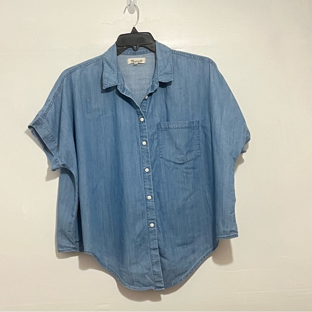MADEWELL Women Button Down Denim Shirt Blue Short Sleeve Chest Pocket Size XL